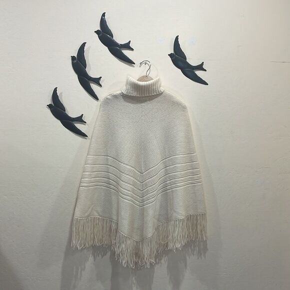 Banana Republic Womens Merino Wool Turtleneck Fringe Poncho Sweater Cream - M/L - Picture 12 of 14